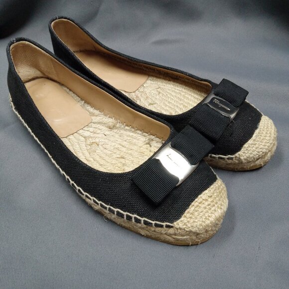 Salvatore Ferragamo Black Canvas Espadrille Ballet Flats LOGO Bow US 9M Spain - Picture 2 of 12